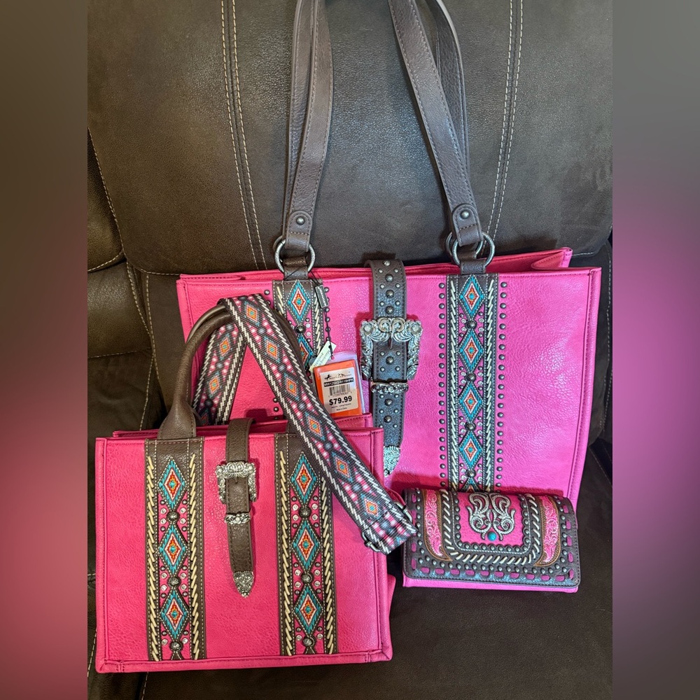 Montana West Pink and Brown Embroidered Tote BUNDLE